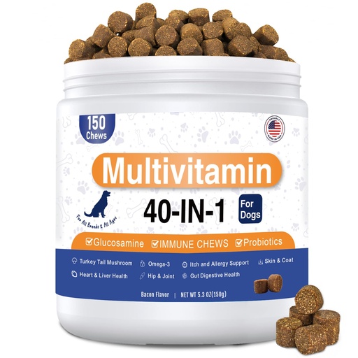 [BRSRYYARCJ7REHL6] Dog Vitamins and Supplements, Dog Multivitamin Chewable with Glucosamine Probiotics Omega-3, Multivitamin for Dogs Skin Coat Heart Joint Liver Brain Eyes Immune Support, Bacon Flavor, 150 Count