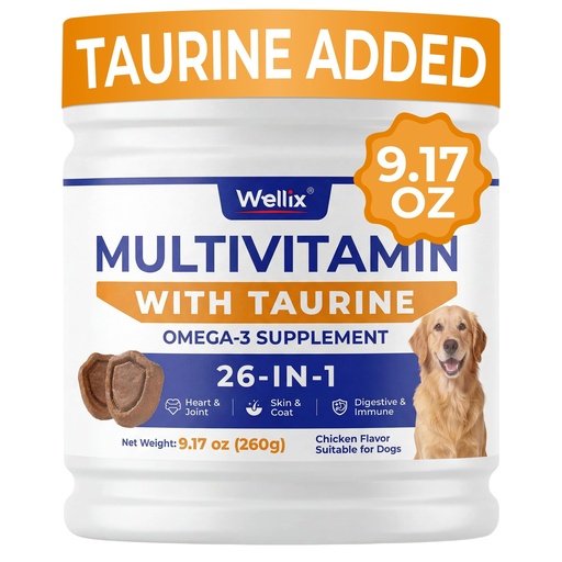 [BRSRGC36DEMGEFLO] Wellix 26-in-1 Dog Multivitamin, Dog Vitamins and Supplements with Taurine | with CoQ10, Glucosamine, Probiotics & Omega-3 for Heart, Joint, Gut, Immune, Skin, Coat Health | Chicken Flavor