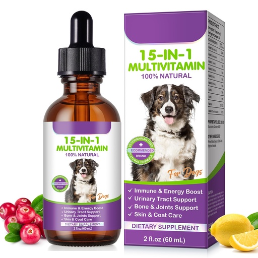 [BRSRGYYQPIMRME36] Dog Multivitamin Drops, 15 in 1 Multivitamin Liquid for Dog with Vitamin C, Vitamin D & B1, Dog Health Supplements for Skin Care, Joints & Hips