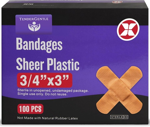 [BRSRAFAYBUDQIDT6] Adhesive Bandage - Box of 100 3/4" Flexible Sheer Plastic Bandages for Cuts, Scrapes, Burns - Latex Free, Sterile Small Bandages