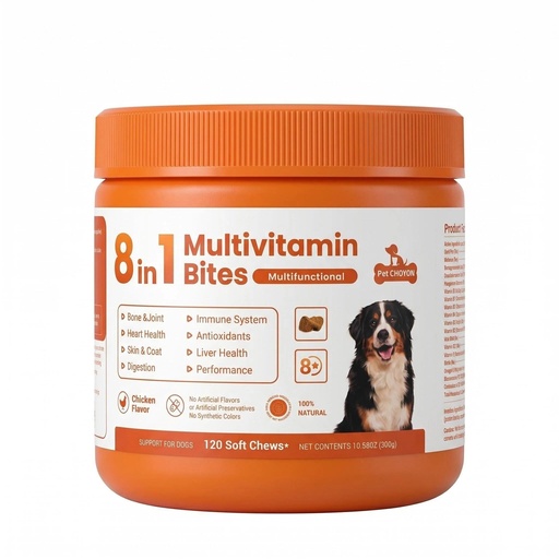 [BRSRYYYYOAFAO2Y7] 8-in-1 Multivitamin Bites for Dogs - Glucosamine, Chondroitin, Omega-3, Probiotics for Joint, Skin, Gut & Immune Support, Chicken Flavor, 120 Soft Chews
