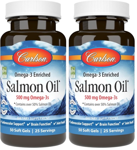 [BRSREAAKC54BY3LU] Carlson Salmon Oil, 500mg Omega-3s, Wild-Caught Norwegian Fish Oil, Sustainably Sourced, 50 Softgels (Pack of 2)