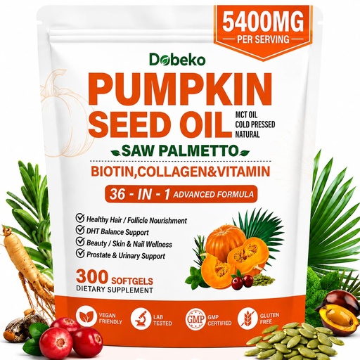 [BRSRYZIDBUIQ4E3H] Cold Pressed Pumpkin Seed Oil with Saw Palmetto Capsules for Women & Men | 36-in-1 Hair Growth Supplement, DHT Blocker, 25,000 mcg Biotin, Collagen, MCT Oil, 5400mg per serving | 300 Softgels