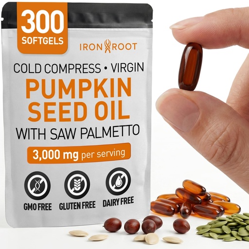 [BRSRGCQOAQBQAD3D] Pumpkin Seed Oil with Saw Palmetto Softgels, 3000mg per Serving, Cold Pressed Virgin Formula, 300 Softgels, Hair, Prostate, Bladder & Urinary Health Support, Non-GMO, Gluten Free, 100 Day Supply