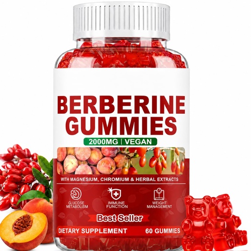 [BRSRY2QHAUGQ4CYZ] Berberine Gummies 2000mg with Chromium, Peach, 60 Count | High-potency Berberine HCl blend with chromium, ALA, cinnamon and turmeric for convenient daily wellness support