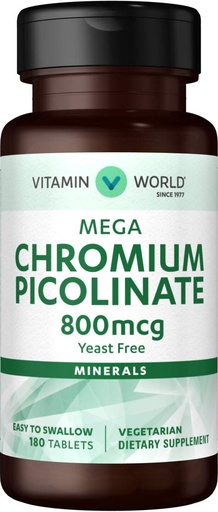 [BRSWGAIOOQHWGCD2] Vitamin World Mega Chromium Picolinate 800 mcg. 180 Tablets, Trace Mineral Supplement, Yeast-Free, Vegetarian, Gluten Free