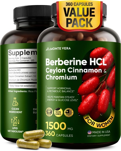 [BRSRGGANCAFAIEQZ] Berberine HCL 1500mg with Ceylon Cinnamon & Chromium | Supports Metabolic & Hormonal Health, Steady Energy - Vegan, Non-GMO, Gluten-Free, 360 Capsules