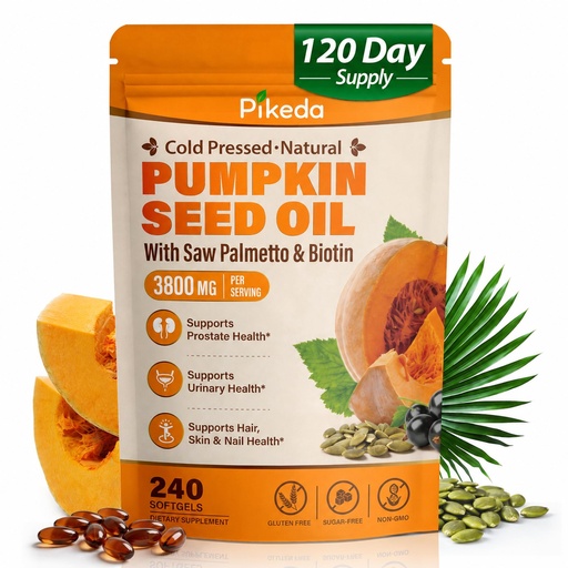 [BRSRYZAECICQOH32] Pumpkin Seed Oil with Saw Palmetto & Biotin, 3800mg per Serving, 240 Softgels (120 Day Supply) – Cold Pressed Virgin Oil, Supports Hair Growth, Prostate, Urinary & Bladder Health, Non-GMO