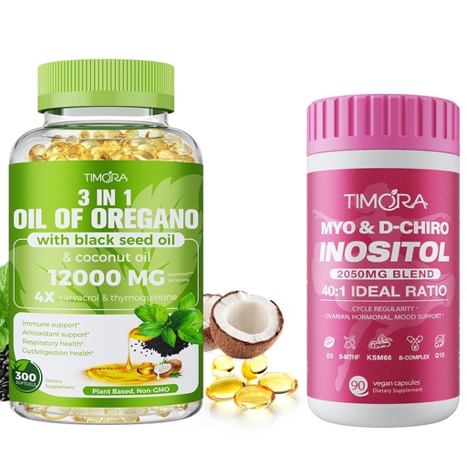 [BRSRGGQZA4PQIH3O] TIMORA Women's Wellness & Immune Support Duo Pack: 40:1 Myo & D-Chiro Inositol with KSM-66 Ashwagandha & CoQ10 (90 Capsules) + Triple Action Oregano Oil with Black Seed & Coconut Oil (300 Softgels) |
