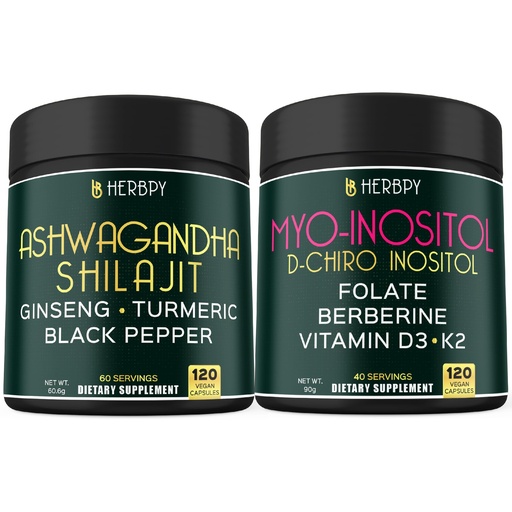 [BRSREZQ3PIPWOG36] Herbpy Bundle 6in1 Myo-inositol Supplement & 5in1 Ashwagandha Capsules