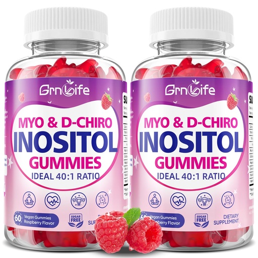 [BRSRGFD6AQBB42QU] 2PCS Myo-Inositol & D-Chiro Inositol Gummies for Women, 40:1 Ratio Inositol with Vitamin D3, Magnesium Glycinate, Methyl Folate for Female Health & Wellness, Sugar Free, Raspberry Flavor, 120 Count