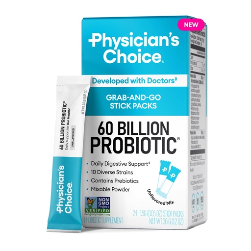 [BRSRGZ3QCMMWOYDH] Physician’s Choice 60 Billion CFU Probiotic Stick Packs - 10 Strains + Prebiotics - Immune, Digestive & Gut Health - Supports Occasional Constipation, Diarrhea, Gas & Bloating - for Women & Men - 24CT