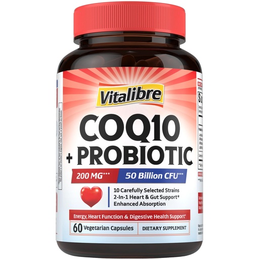 [BRSRECQOAAOQ4YLK] Vitalibre CoQ10 200 mg, with Probiotics for Women & Men, 50 Billion CFU, High Absorption Ubiquinone, Heart & Gut Energy Support, Powerful Antioxidant, Easy to Swallow, 60 Vegan Capsules