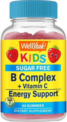 [BRSROBQBDEHQMCLF] WellYeah Kids Vitamin B Complex Sugar Free Gummies | with Vitamin C, Folic Acid | Immune and Energy Support | Strawberry Flavor | 60 Count