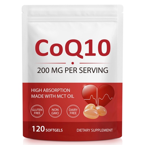 [BRSRYYL2AUHRGHQY] CoQ10 200mg Supplement with MCT Oil - High Absorption Coenzyme Q10 Ubiquinone Softgels - Supports Heart Health, Cellular Energy Production & Antioxidant Wellness - Non-GMO, Gluten-Free - 120 Softgels