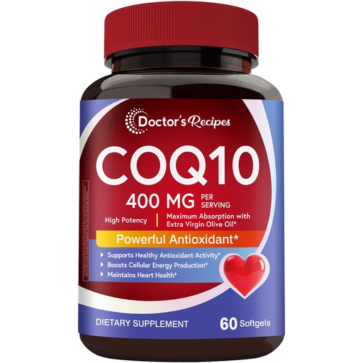[BRSREYDRCJYRGD3D] Doctor's Recipes CoQ10 400 mg High Potency, Stable Form Ubiquinone, Superior Absorption with Extra Virgin Olive Oil, Antioxidant for Heart & Energy, Naturally Fermented, Gluten-Free, 60 Softgels