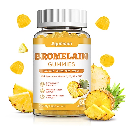 [BRSRGBIQAUARG2DZ] Bromelain Gummies for Women & Men, Vegan, Pineapple Flavor, 60 Gummies | 1000 mg Bromelain with Quercetin, Elderberry, Echinacea, Vitamin C, D3, K2 & Zinc, Sugar Free Formula