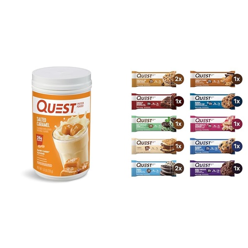 [BRSRAYYYAEOWA23P] Quest Protein Powder & Bars Bundle; Salted Caramel Powder 26g Protein 1g Sugar; 12 Bar Variety Pack 20-21g Protein