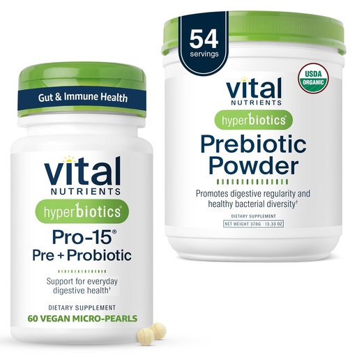 [BRSREAQOAV6QEDT2] Hyperbiotics Vital Nutrients Gut Support Bundle – Pro-15 Prebiotics + Probiotics (60 Time Release Pearls) & Organic Prebiotic Fiber Powder (54 Servings) for Gut, Digestive, & Immune Health Support