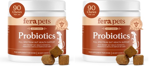 [BRSRGHQ2O5YBS23F] Fera Pets Probiotics for Dogs with Prebiotics and Postbiotics - Full Spectrum Gut Health Support - Promotes a Balanced Gut Microbiome - Boosts Immune Health - 90 Soft Chews (Pack of 2)