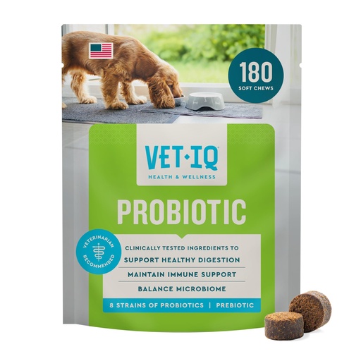 [BRSRAFIYCQCAEA3L] VetIQ Probiotic Supplement for Dogs, Gut & Bowel Support, 180ct | Nourishes gut bacteria & supports bowel function; daily digestive probiotic chew; hickory smoke flavor; made in USA