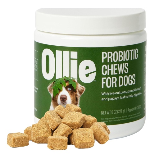 [BRSRM23RCUCRMD3U] Ollie Belly Rubs Probiotic Dog Chews, Appx. 60 Count | Digestive health probiotic chews with natural ingredients to relieve upset stomach and support gut and immune health.