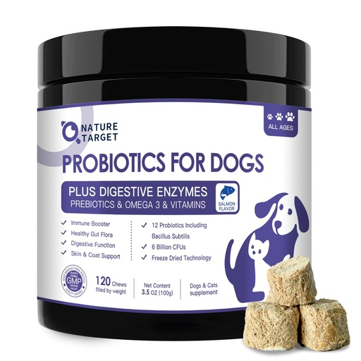 [BRSRACYCOECWAC37] NATURE TARGET Probiotics for Dogs, Salmon-Flavored - 120 Counts | 6 Billion CFUs Dog Probiotics for Digestive Health with Prebiotic and Digestive Enzymes, Rich in Omega 3 for Skin & Coat