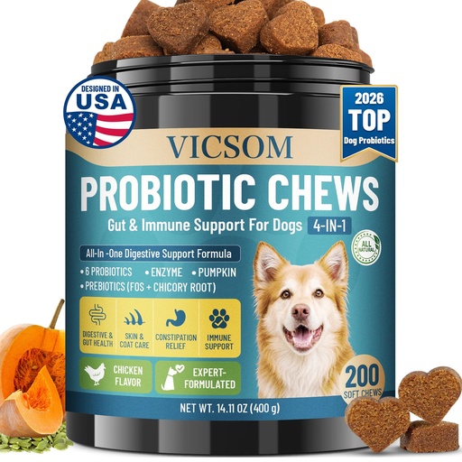 [BRSREZI3BYMBGCD5] VICSOM Probiotics for Dogs Probiotic Chews, Gut & Immune Support, 200 Ct | With Prebiotics, Enzymes & Pumpkin For Sensitive Stomach, Yeast Itchy Skin & Digestive, Constipation & Diarrhea Relief