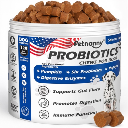[BRSRGBT5DMPAAEI2] Petnanny Probiotics for Dogs Chicken Flavor Soft Chews for Digestive Health | Natural pumpkin, papaya & 5 probiotics. Supports gut flora, firm stool & immunity. 120 tasty chicken chews. No wheat or corn