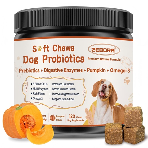 [BRSRAC36B4BAKHL2] ZEBORA Probiotics for Dogs, Supports Digestive Health, 120 Soft Chews | With Pumpkin, Digestive Enzymes, and Prebiotics, Supports Gut Health, Immune, Skin, and Occasional Diarrhea Relief