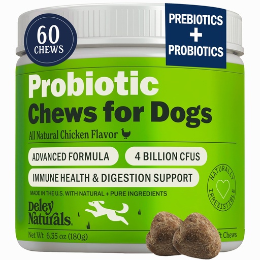 [BRSRGCAFPMARU33A] Deley Naturals Dog Probiotics Chews - 4 Billion CFU Dog Probiotics, Prebiotics, Enzymes for Digestion & Gut Health - Smaller Soft Chews, Lower Calories, Same Active Ingredients - USA Made - 60 Count