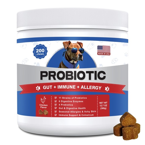 [BRSRGCA7AUNQGDTX] 11-Strain Probiotics for Dogs Digestive Health - Chews w/ 6 Enzymes, 4 Prebiotics, Pumpkin & Salmon Oil, Support Gut, Gas, Immunity for Senior & Active Dogs, 200 Ct