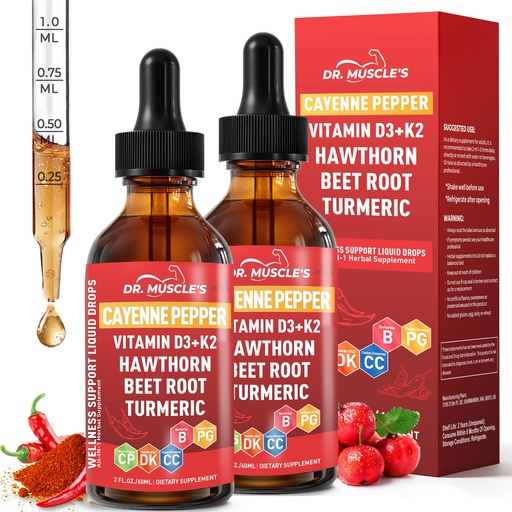 [BRSRYZTQPIJQYA3H] 2-Pack Cayenne Pepper Supplement Drops, Hawthorn Beet Root Ceylon Cinnamon | Berberine Extract, Vitamin D3 K2, Turmeric Curcumin & Panax Ginseng, Complex Herbal Supplements Liquid - 4 FL OZ