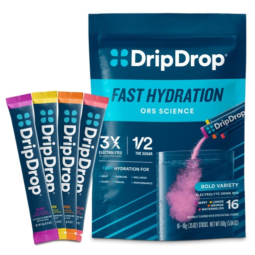[BRSWYBQTBZYQO2DL] DripDrop Hydration Packets - Bold Variety Pack - Single Serve Electrolytes Powder Drink Mix - Watermelon, Berry, Lemon, Orange - Non-GMO, Gluten Free, Vegan - 16 Sticks