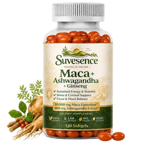 [BRSRYEDRCQAQMCDD] High Potency 3-in-1 Maca + Ashwagandha + Panax Ginseng - Natural Supplement Complex for Energy, Stamina & Focus, 2 Month Supply, 120 Vegan Softgels