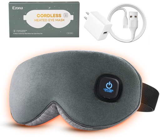 [BRSREZYBAEIQEEI4] Ezona Heated Eye Mask, Cotton Cordless Warm Eye Compress Mask for Dry Eyes | Dry Eye Mask for Blepharitis & Sinus Migraine, Temperature & Timer Control for Travel, 10W Charger, Washable Cover, Gray