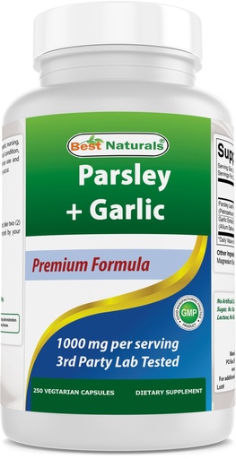 [BRSRAEADAACWKETB] Best Naturals Parsley and Garlic 1000 mg per Serving 250 Vegetarian Capsules. Gluten Free and Non-GMO.