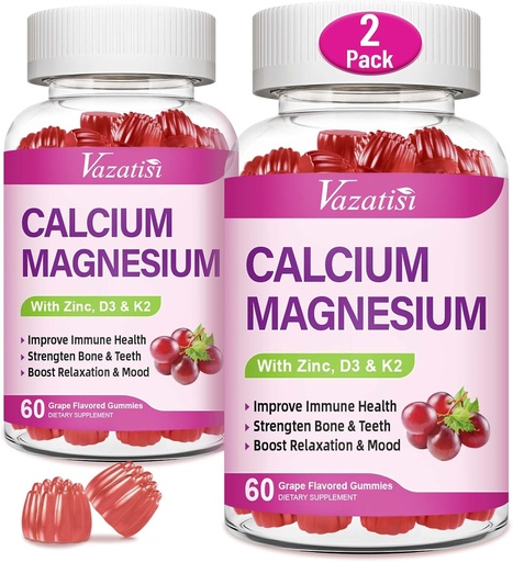 [BRSRAYA6OUFAYFYU] Calcium Magnesium Zinc Gummies with Vitamin D3 & K2, High Absorption Magnesium Glycinate Potassium for Immune and Calm Mood, Grape Flavor 120 Gummies