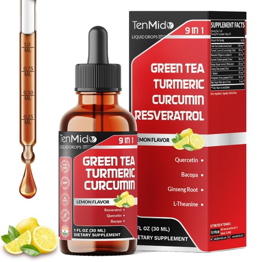 [BRSREGARDIMQ2HTZ] Green Tea Extract Liquid Drops - 9in1 with Turmeric Curcumin, Resveratrol, Quercetin, Bacopa, Panax Ginseng, L-Theanine, Pomegranate and Black Pepper - 30ml 1 Fl Oz