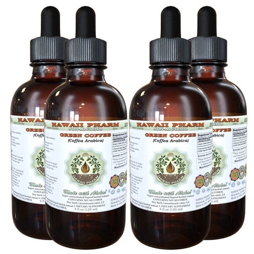 [BRSWKEYHOYOR4D3A] Hawaii Pharm Green Coffee Alcohol-Free Liquid Extract, Green Coffee (Coffea Arabica) Dried Bean Glycerite Natural Herbal Supplement 4x4 oz