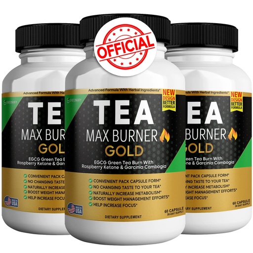 [BRSRAAQDAB6QKAD3] Tea Max Burn Burner Gold – Green Tea Extract & Green Coffee Bean for Metabolism Support, Natural Energy Boost, Antioxidant-Rich Supplement – 180 Capsules (3 Pack)