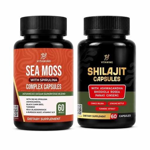 [BRSRYZQDOICQ2AD4] Sea Moss and Shilajit Bundle, 2 Bottle Combo with Sea Moss Complex, Spirulina, Ashwagandha, Panax Ginseng, Rhodiola and Shilajit for Men and Women, Energy and Immune Support, 60 Count