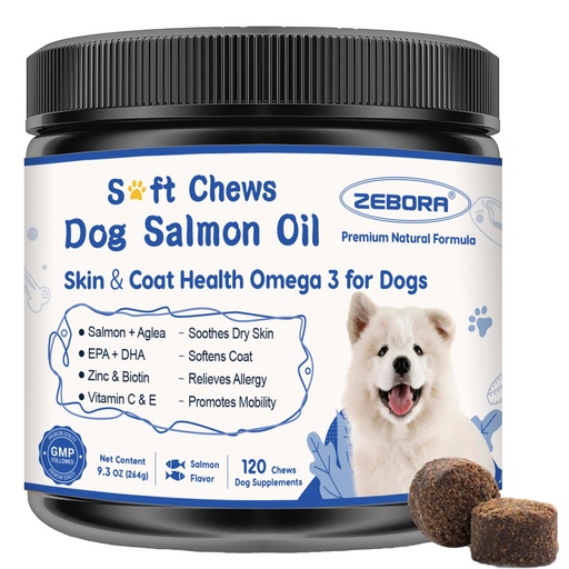 [BRSRACYNO56AOHTF] ZEBORA Omega 3 6 9 Salmon Oil for Dogs, Skin & Coat Health, 120 Count | Fish Oil Soft Chews with EPA, DHA, and Vitamins C and E, Itchy Skin Relief, Allergy Relief, and Shedding Support