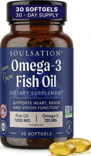 [BRSRGCQPBF5WKADZ] SOULSATION Fish Oil Softgels, Natural Lemon Flavor - 1200mg - Omega-3 Fatty Acids (EPA & DHA) Supports Heart, Brain, and Vision Function, Non-GMO, Gluten-Free - 30 Softgels for A 30-Day Supply