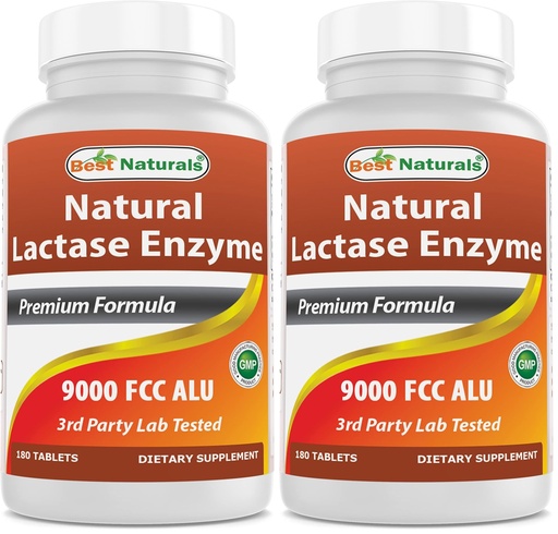 [BRSREAAFAEDRE3LL] Best Naturals Lactose Intolerance Relief Tablets with Natural Lactase Enzyme, Fast Acting High Potency Lactase, 9000 FCC ALU, 180 Count (Pack of 2)