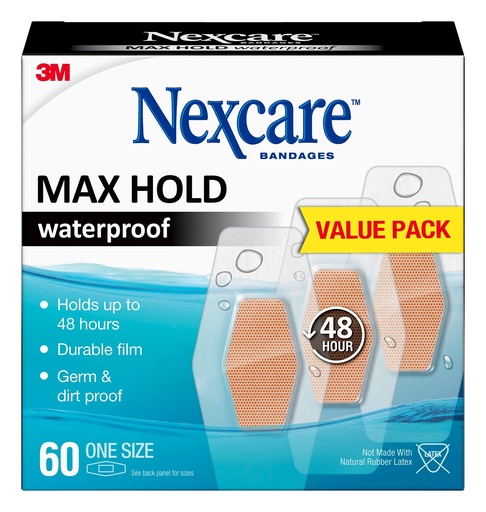 [BRSWYZY7OVYB4CLA] Nexcare Max Hold Waterproof Bandages, Stays On for 48 Hours, Flexible Bandages for Fingers, Knees and Heels - 60 Pack Clear Waterproof Bandages