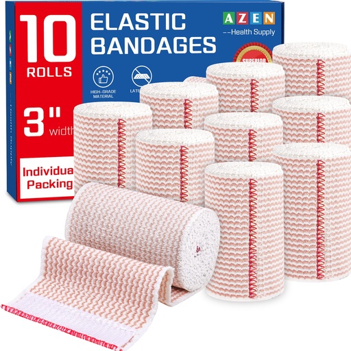 [BRSRACA6BYMGEC3F] AZEN Premium 10 Pack Elastic Bandage Wrap 3 Inch, Compression Wrap Bandage for Legs, Ankle, Knee, Tummy, Body, Lymphedema Wraps for Legs, Latex-Free