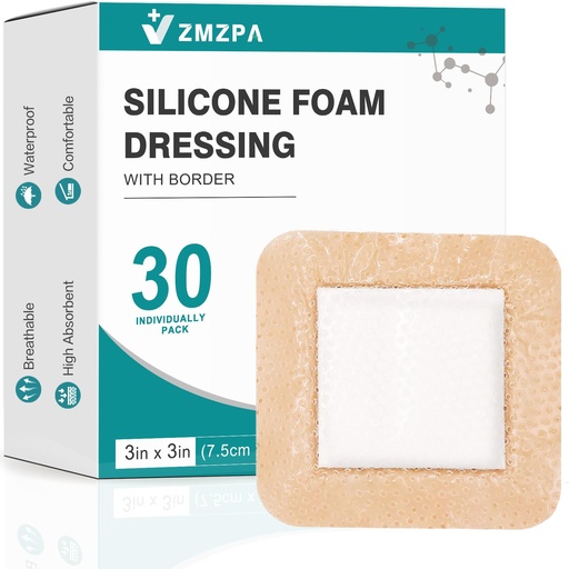 [BRSREGQCOEJWCALA] Silicone Foam Dressing 3x3 Gentle Border, Super Absorbent Wound Dressing, Bed Sore Patches, Waterproof Silicone Bandages for Wounds Care, Self Adhesive Pressure Sore Pads (30)