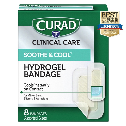 [BRSWKFL3AYMGCDTU] CURAD Soothe & Cool Clear Waterproof Hydrogel Bandages, Assorted Sizes | 8 Count, Sterile Wound Dressings, Cooling Burn & Blister Bandages, Transparent Waterproof Protection, Fast Healing Skin Care