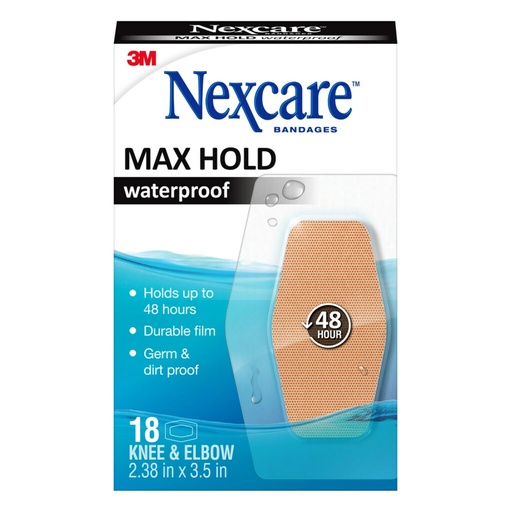 [BRSRMAYYC5YBOE3P] Nexcare Max Hold Waterproof Bandages, Comfortable, Low-Profile Film Fits Close To The Skin, Knee & Elbow, 2.38 x 3.5 in, 18, 1.0 Count, 0.05 kilograms